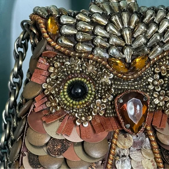 MARY FRANCES What A Hoot Owl Copper Metallic Mixed Metal Beaded Clutch Crossbody - Picture 2 of 14